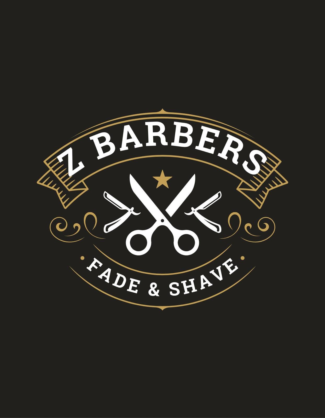 Z Barbers Fade and Shave badge: crossed scissors and razors under a gold ribbon